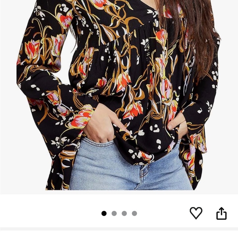Free‎ People Black Floral Bella Blouse-size Medium - Picture 7 of 8